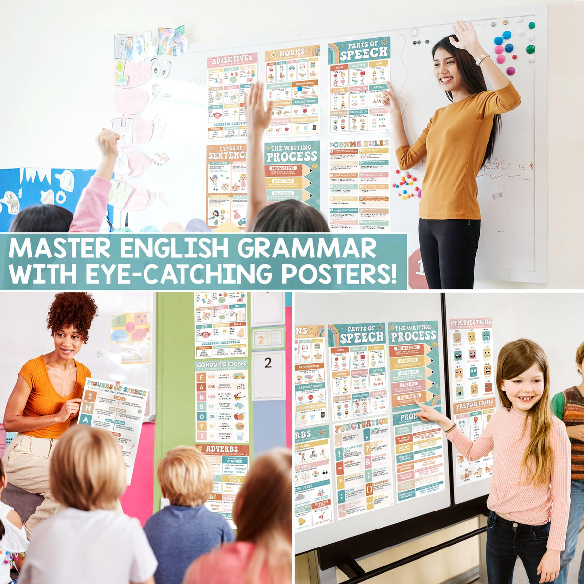 15 Pcs Boho Groovy Parts Of Speech Posters For Classroom, Back To School English Grammar Chart, ELA Middle School Wall Art, Laminated Educational - Nouns, Pronouns, Writing Process, Type of Sentences