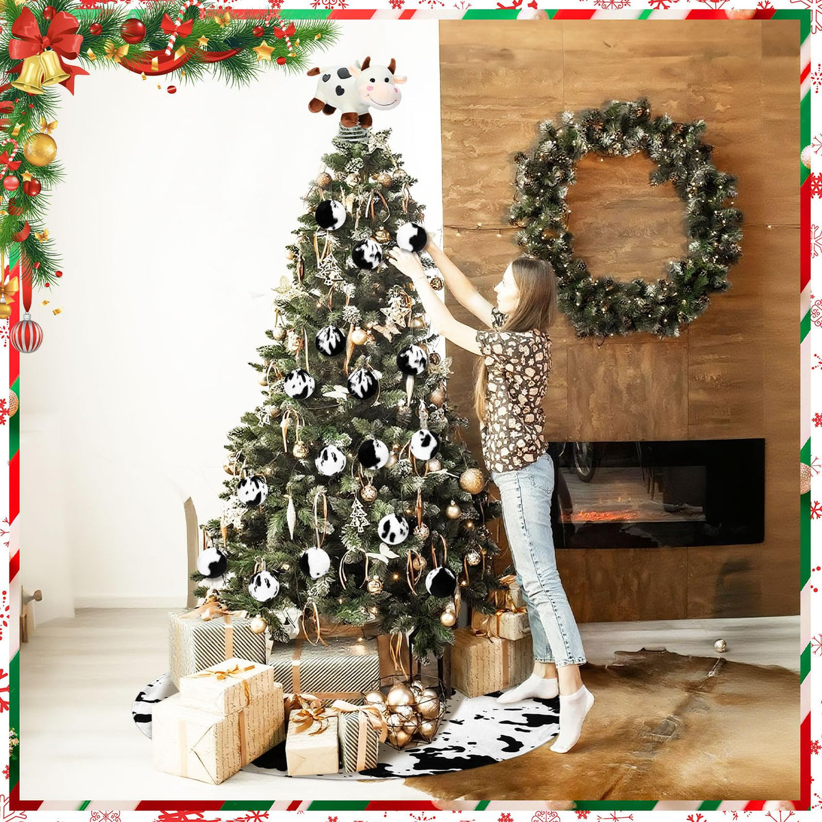 Leitee 12 Pcs Cow Christmas Tree Decoration Set Xmas Western Cowhide Tree Topper Skirt Faux Fur Plush Hanging Artificial Flowers Rustic Christmas Cow Treetop Ornaments for Farmhouse Country Holiday