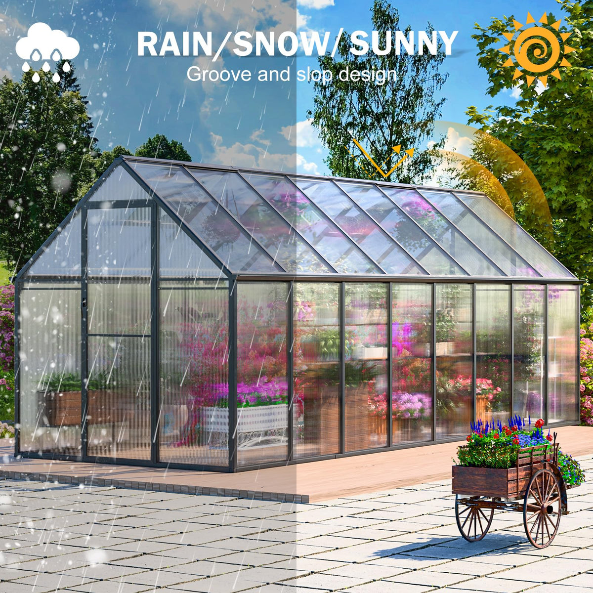 CDCASA 16x6 FT Greenhouse for Outdoors, Easy Assembly Large Aluminum Heavy Duty Polycarbonate Greenhouses Kit w/2 Window, Swing Door, Walk-in Green House for Outsides, Sunroom, Backyard, Garden