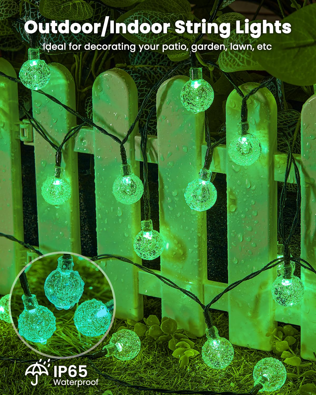 Brightown Solar String Lights Outdoor 60 Led 35.6 Feet Crystal Globe Lights with 8 Lighting Modes, Waterproof Solar Powered Patio Lights for Garden Yard Porch Wedding Party Decor (Green)