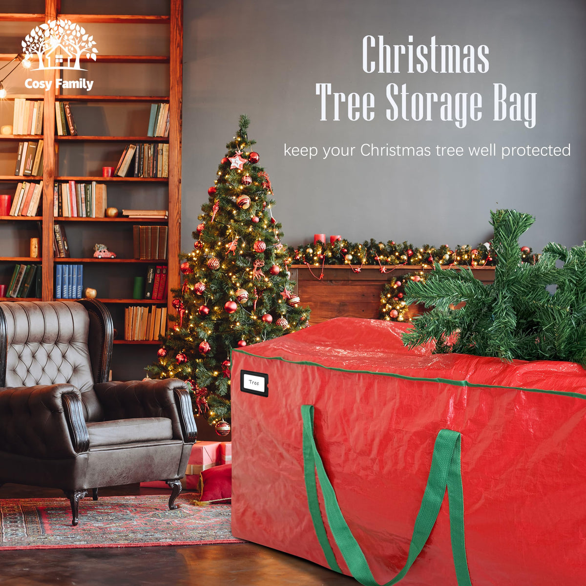 Cosy Family 7.5 ft Christmas Tree Storage Bag - Durable Heavy Duty Extra Large Artificial Xmas Holiday Tree Bag with Reinforced Handles and Dual Zippers Wide Opening - Red