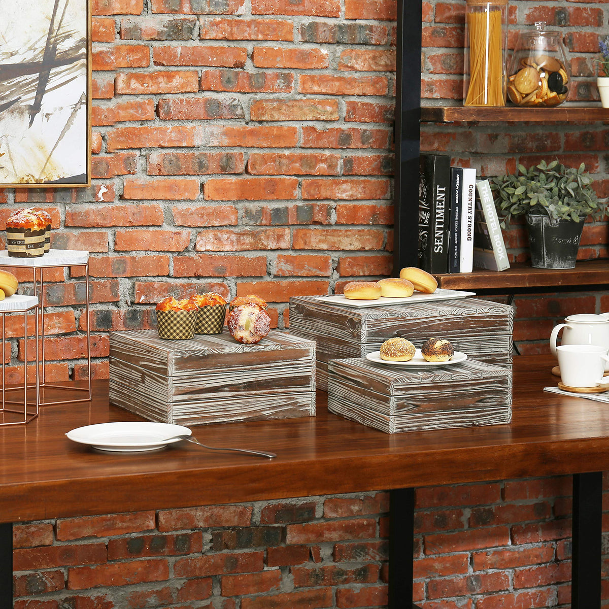 MyGift 3 Piece Rustic Solid Torched Wood Dessert Cake and Cupcake Stand, Decorative Box Display Risers