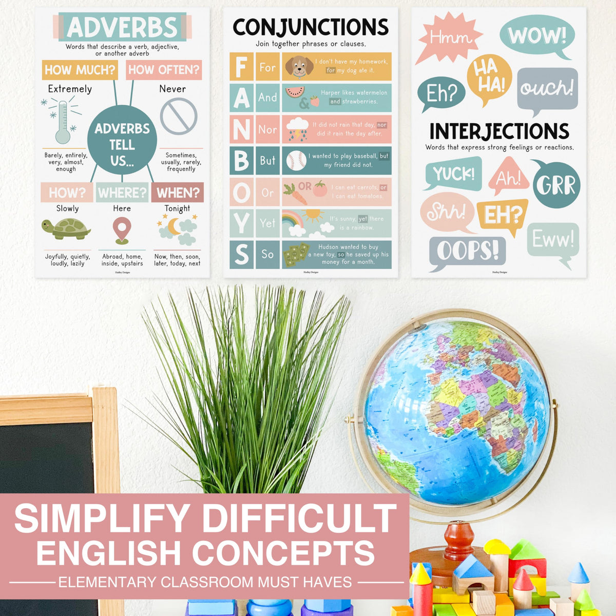 Parts of Speech Posters for Classroom Must Haves - 12 Grammar Posters, Writing Process for Homeschool, Elementary & Middle School, ELA 3rd 4th & 5th Grade Teacher Must Haves, Boho Classroom Décor