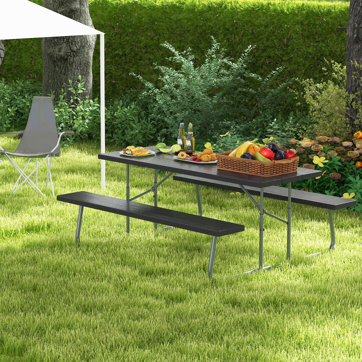 Tangkula 6 Ft Folding Picnic Table, Outdoor 8 Person Large Picnic Table Set with 2 Built-in Benches, Umbrella Hole, Metal Frame & HDPE Tabletop for Garden, Backyard (Black)