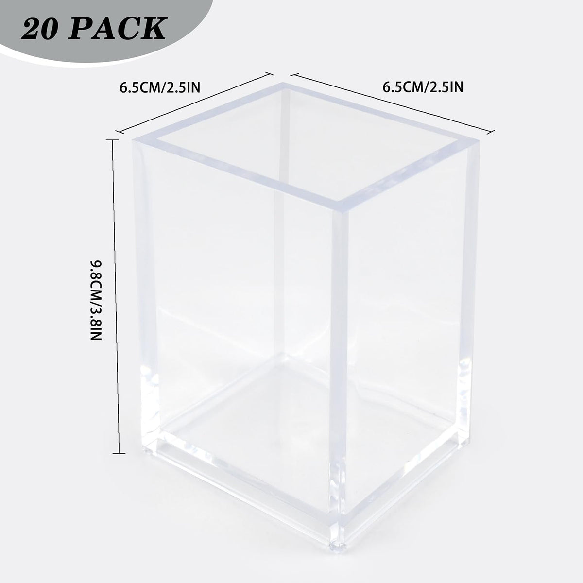 20 Pack Clear Acrylic Pen Holder for Desk, Pencil Cup Makeup Brush Organizer, Square Acrylic Pencil Holders for Office School Home Supplies, Desktop Stationery Organizer for Pens Markers Brushes