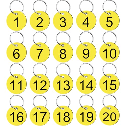 1-20 Number Tags, Plastic Key Tags with Metal Rings, 34mm Round Numbered Tags, Round Numbered Marking Identification Tags for House Lockers Dormitory Keys Cabinet Key Tags with Labels