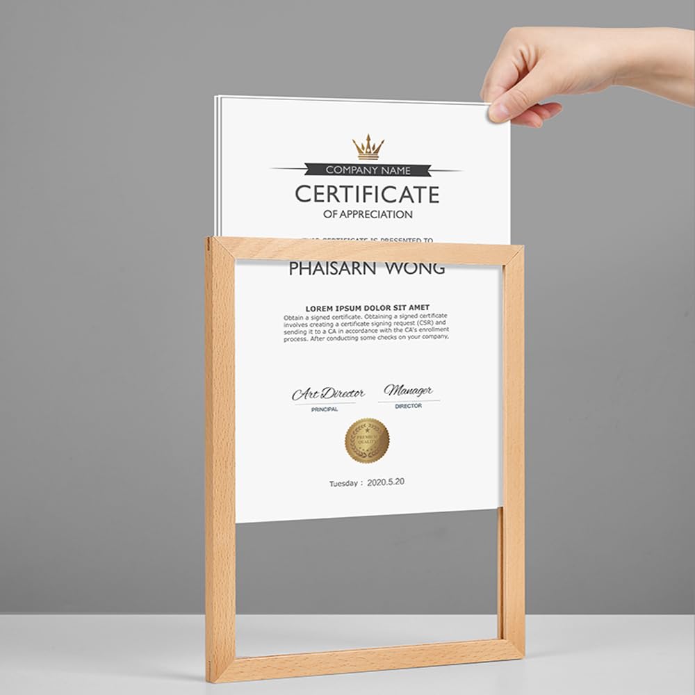 ECKEK Wall Mount Acrylic Sign Holder Self Adhesive Magnetic Display Frame Clear Document Frame for Office, Store, School, Home, Wall Picture Frame (Walnut A4 210×297mm/8.27×11.69inches)