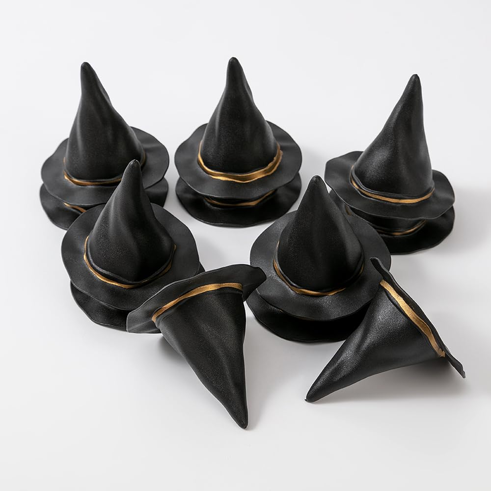tiecawk 12Pcs Plastic Witch Hats Mini Halloween Witch Hats Wizard Hat for DIY Crafts Bottle Toppers Halloween Party Supplies (Black)
