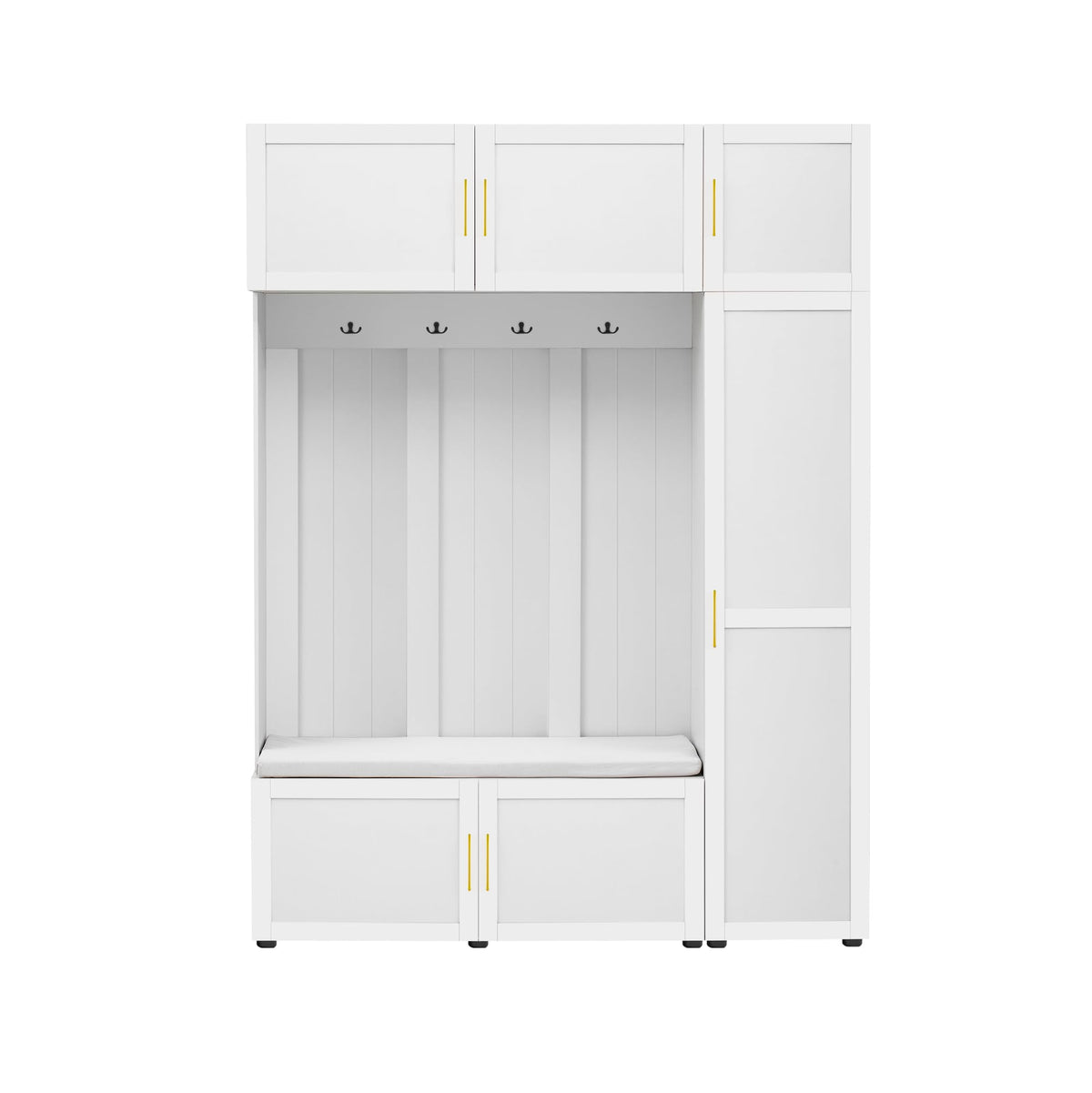 Merax 4-in-1 Hall Tree with Padded Bench, Coat Hooks, and Multi-Tier Storage Shelves – American Style Entryway Organizer for Shoes, Bags, Hats, and Daily Essentials, White