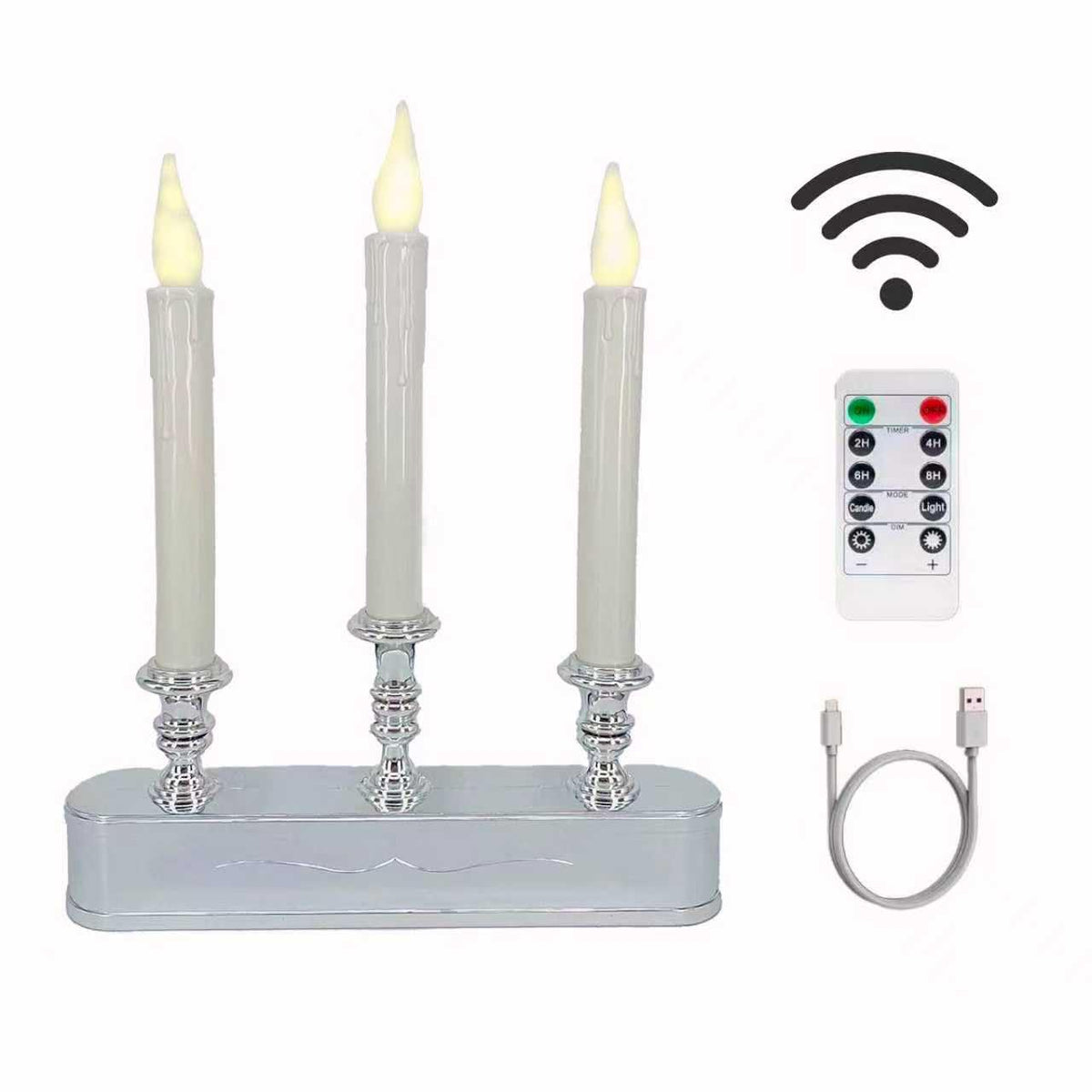 FGDECORJOIE Rechargeable Window Candles with Timer Battery Operated Flicker Flame Silver Antique 3 Tier LED Window Candelabra 11.5 Inch Hight for Christmas New Year Festival