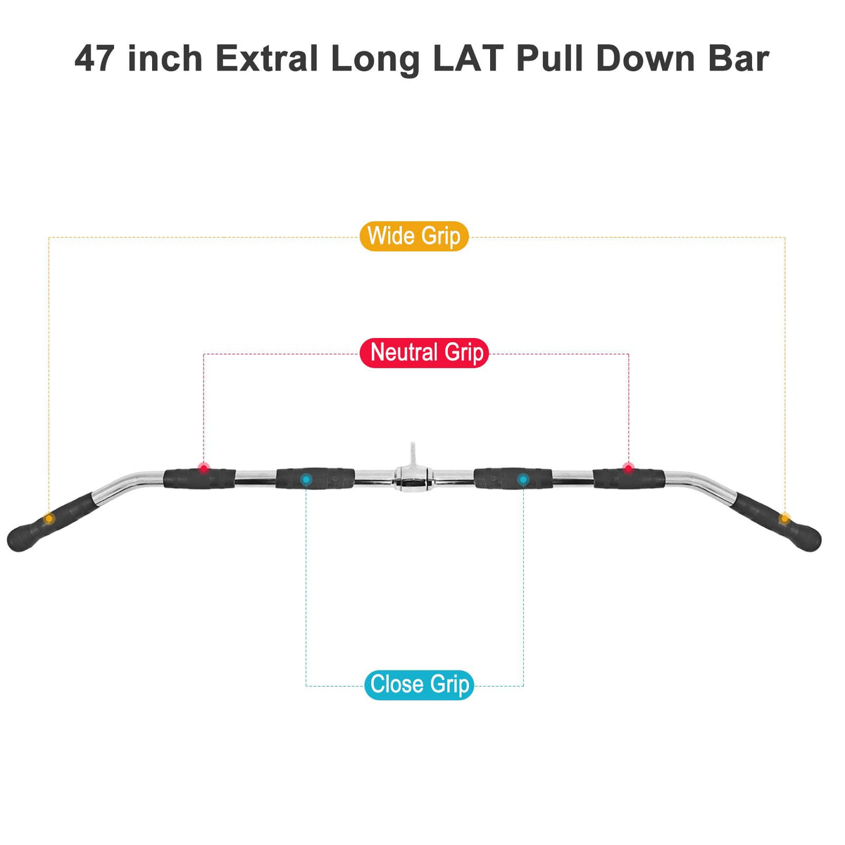 47In LAT Pull Down Bar Attachment: Heavy Duty Lat Pulldown Bar with Full Rotation & Rubber Handle for Gym Home Pulley Cable Attachments
