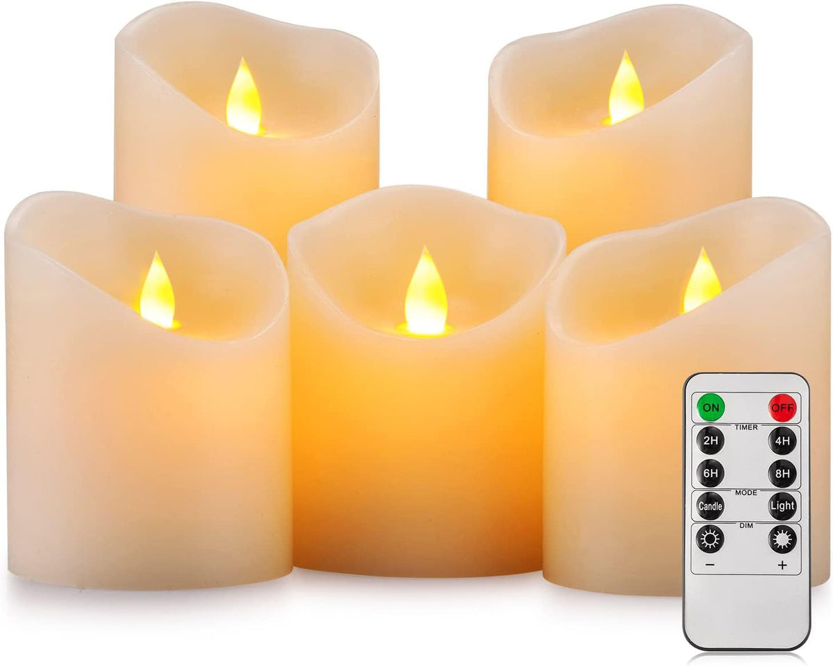 Enpornk Flameless Candles, Flickering Moving Flame LED Candles Set of 5 (Size: D: 3" x H: 4"/4"/4"/6"/6") Pillar Realistic Real Wax Battery Operated Candles with Remote Control 2 4 6 8 Hours Timer