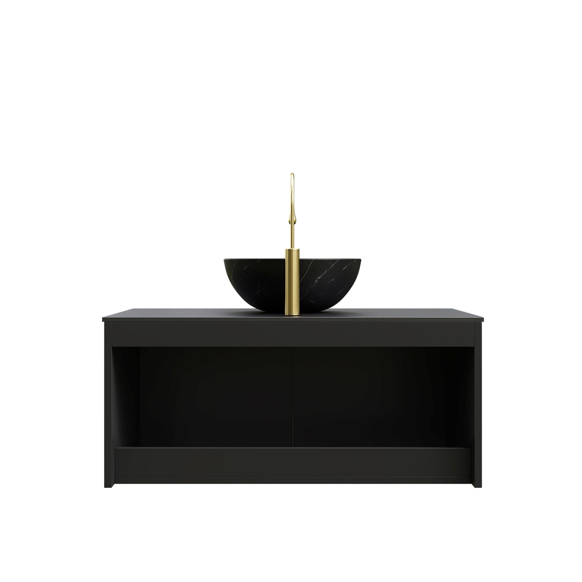 36" Floating Bathroom Vanity with Vessel Sink, RUBEN Wall Mounted Plywood Cabinet, Sintered Stone Countertop, Twill Double Doors with Metal Trim, Modern Storage Unit, Bowl Black Stone Ceramic Basin