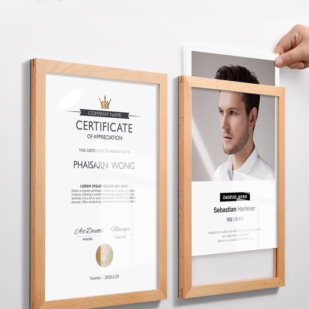 ECKEK Wall Mount Acrylic Sign Holder Self Adhesive Magnetic Display Frame Clear Document Frame for Office, Store, School, Home, Wall Picture Frame (Walnut A4 210×297mm/8.27×11.69inches)