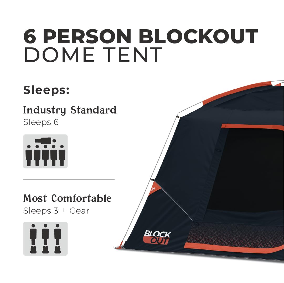 CORE Blackout 6 Person Dome Tent | Portable Car Camping Outdoor Family Dark Room Tent | Included Wall Organizer for Camping Accessories
