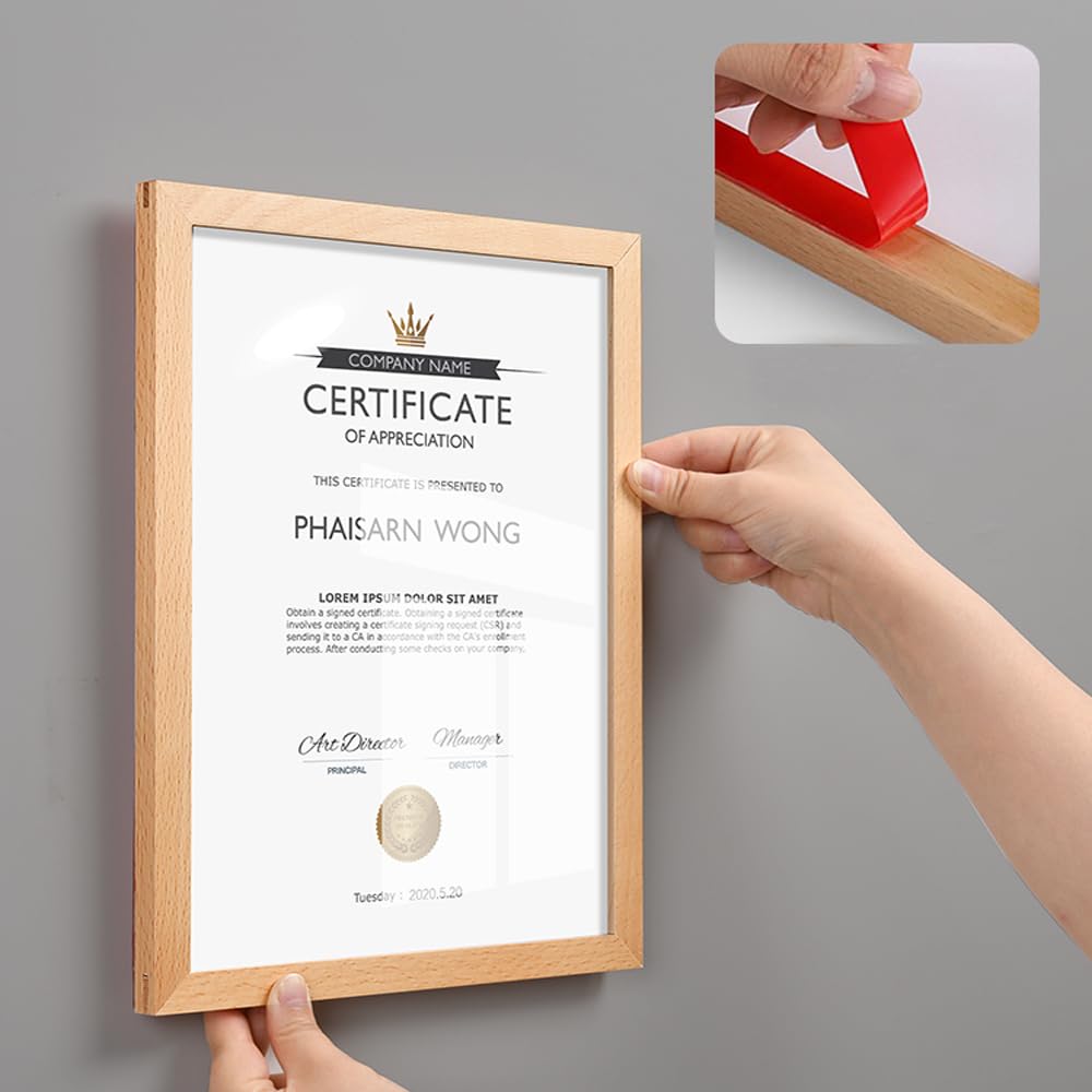 ECKEK Wall Mount Acrylic Sign Holder Self Adhesive Magnetic Display Frame Clear Document Frame for Office, Store, School, Home, Wall Picture Frame (Walnut A4 210×297mm/8.27×11.69inches)
