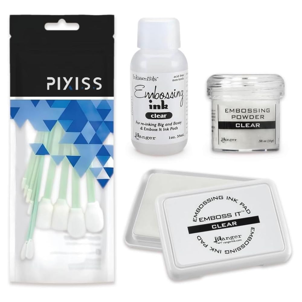Ranger Emboss It Ink Pad and Reinker and Embossing Powder (Clear) and Blending Tools - Clear Embossing Ink Pad, Ink Refill, Embossing Powder and Blending Brush Tools for Card Making, Scrapbooking
