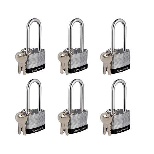 CINCINNO Laminated Steel Padlock with Key，6 Pack Keyed Alike Padlocks with Long Shackle