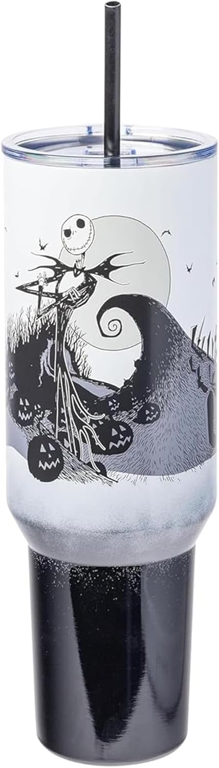 Silver Buffalo Disney Nightmare Before Christmas by Tim Burton Jack Skellington Hill and Moon Double Walled Stainless Steel Tumbler with Handle and Straw, Fits in Standard Cup Holder, 40 Ounces