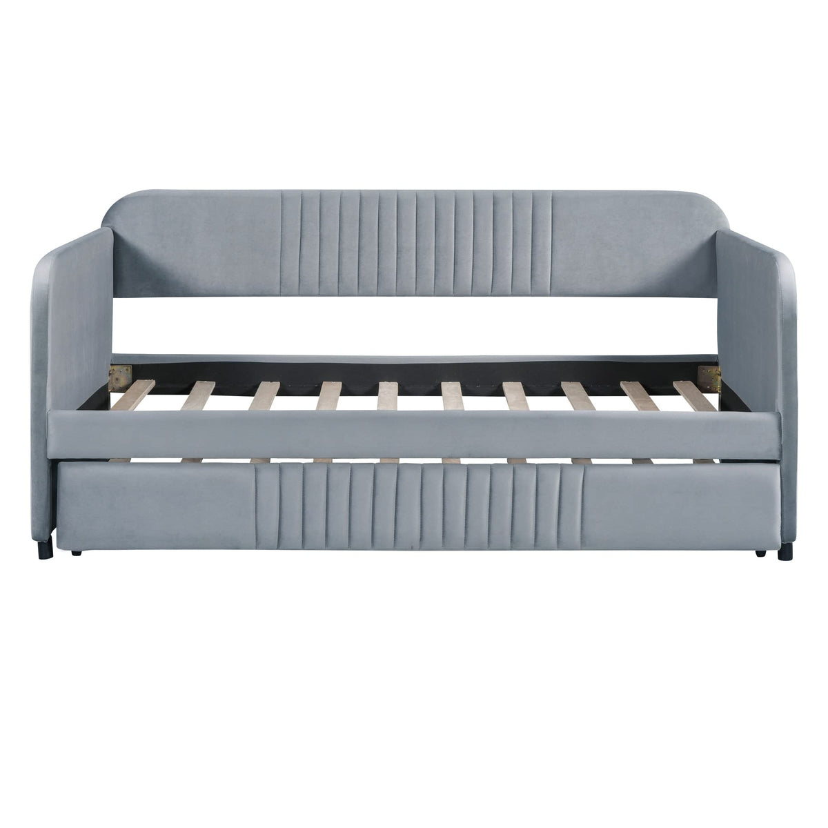 Merax Twin Size Upholstered Daybed with Trundle Bed and Wood Slat, Gray Velvet Sleeper Sofa Bed, No Box Spring Needed