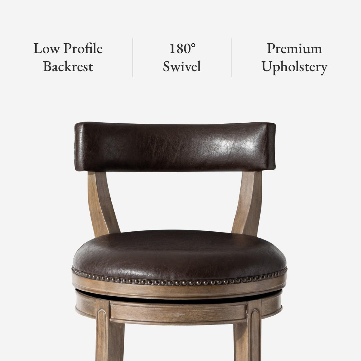 Maven Lane Alexander Counter Stool 26 Inches – Swivel Stool with Footrest – Brown Solid Wood and Brown Faux Leather Upholstery – Perfect for Kitchen Island and Counter