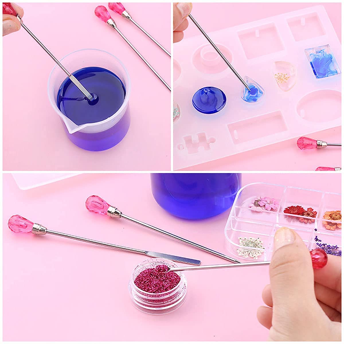 11 Pcs Silicone Resin Mold Tools Set Stirring Needle Spoon Tool Tweezers Precision Kit, Anti-Static Electronics Tweezers Set for Resin Art Crafts,Jewelry Making,DIY Epoxy Casting Molds(Rose Red)