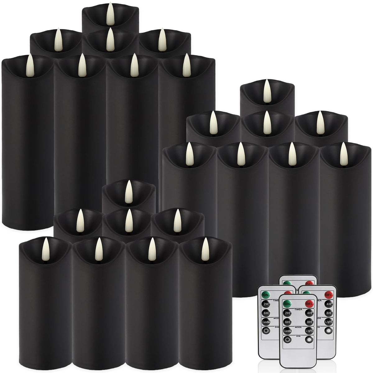 fclayvts Realistic Flameless LED Candle Black Set of 24, Battery Operated with Remote Control, 3D Flame Pillar Timer Funtion Melted Top Safe,Perfect for Indoor/Outdoor Decor,Wedding,BBQ and Gift
