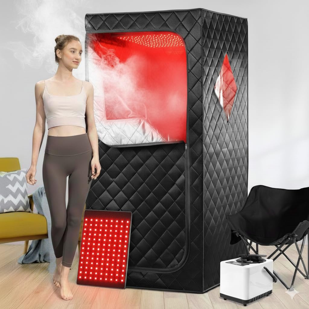 iDOTODO Infrared Red Light Therapy Sauna, Portable Steam and Infrared Sauna for Home, Full Body Sauna Tent for Relaxation, Large Infrared Sauna Box with 660nm Red Light, 3L&1100W Sauna Steamer