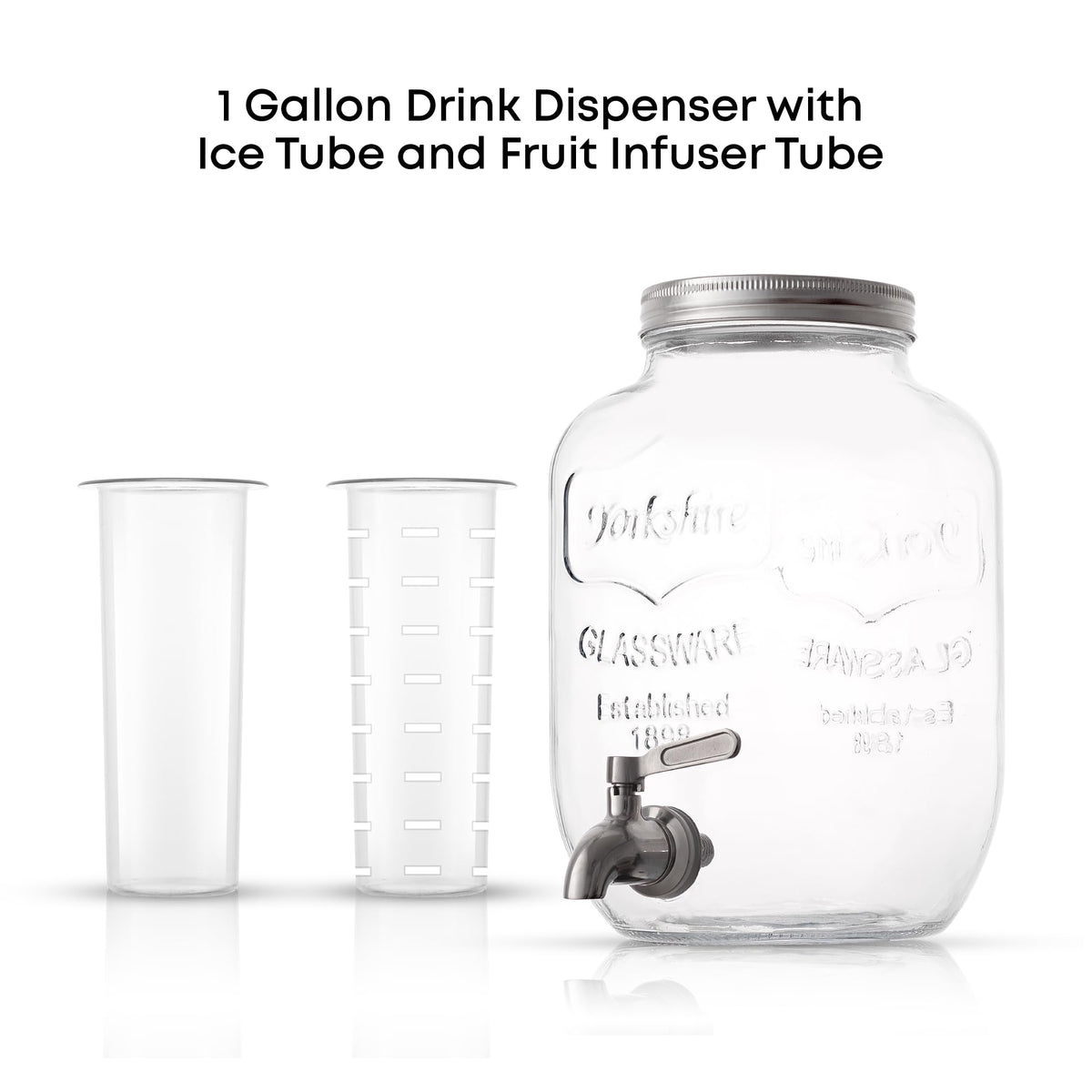 1-Gallon Drink Dispenser. Glass Beverage Dispenser with Stainless steel Spigot plus Ice Cylinder and Fruit Infuser! Water Dispenser, Lemonade Stand, Juice Container - Drink Dispensers for Parties