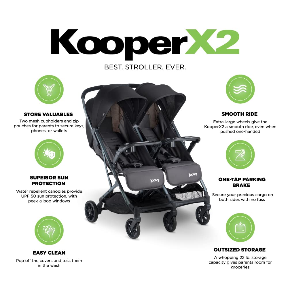 Joovy Kooper X2 Side-by-Side Double Stroller Featuring Dual Snack Trays, One-Handed Fold, Multi-Position Reclining Seats, Adjustable Leg Rests, and 2 Zippered Pockets for Storage, Forged Iron