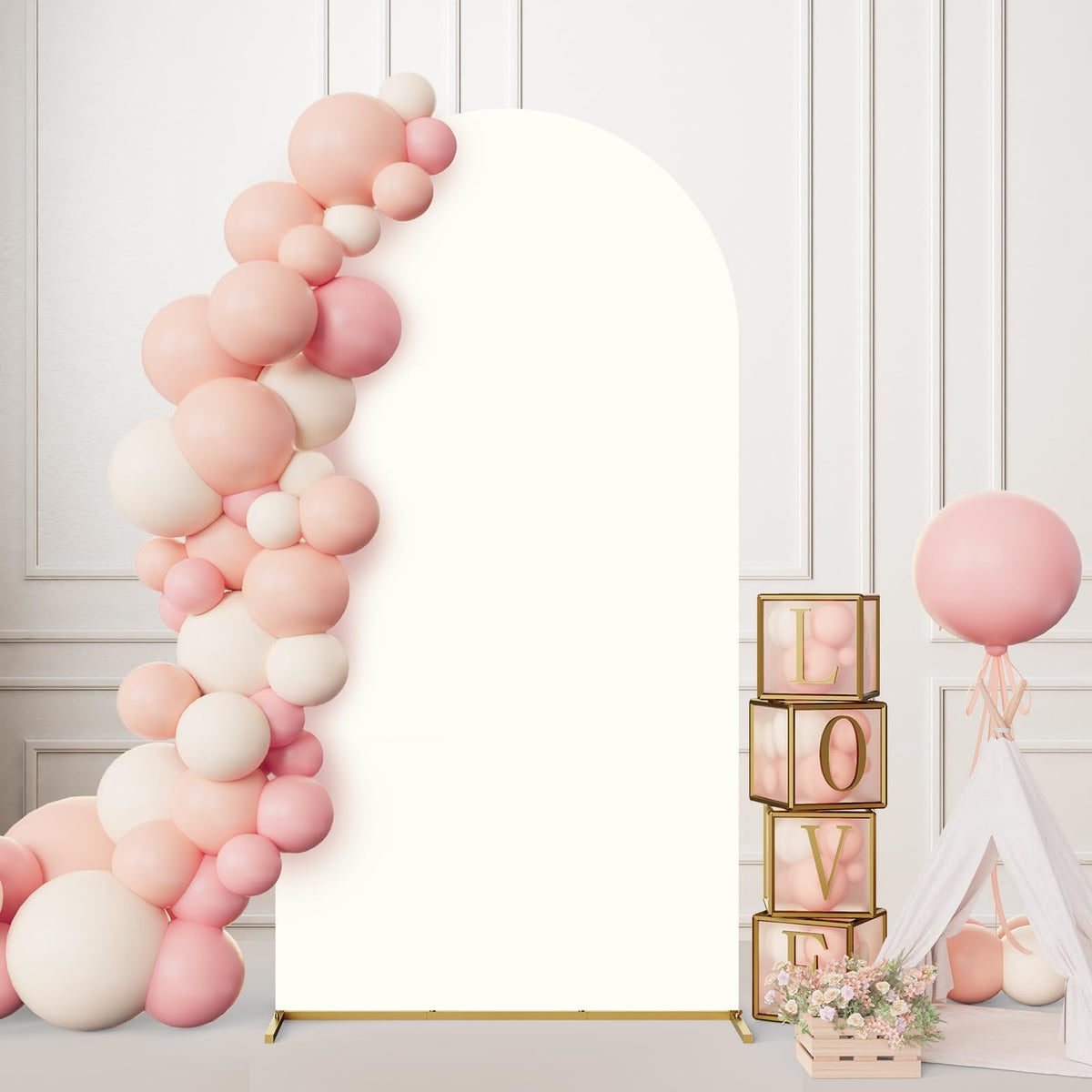 Minetom 7.2FT Metal Backdrop Stand with Wedding Arch Cover Spandex for Birthday Party Baby Shower Graduation Ceremony Decoration, White