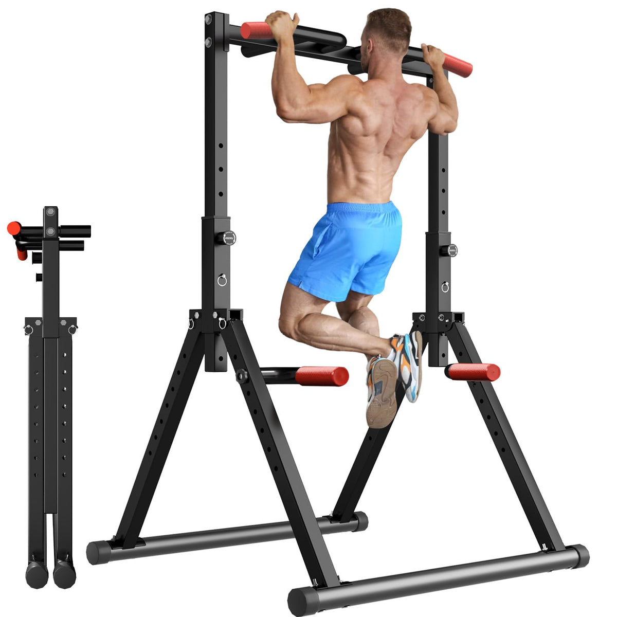 WATBKHE Foldable Power Tower Pull Up Bar Dip Station, Pull Up Bar Standing for Home Gym Adjustable Height, Multi-Functional Workout Equipment Strength Training Machine, Support 460LBS