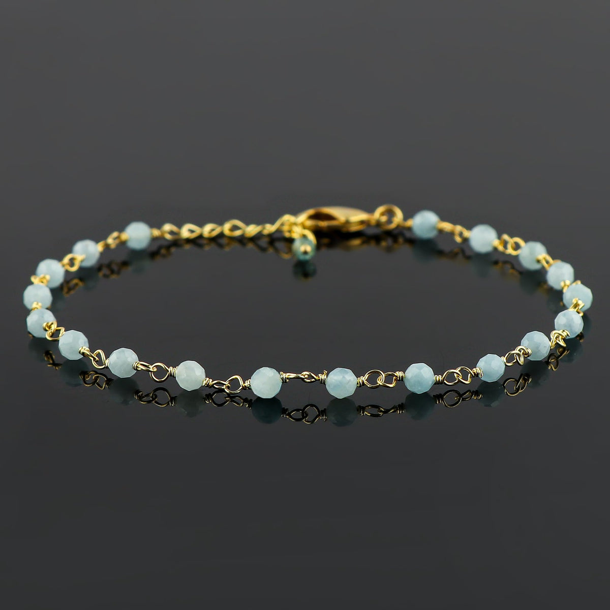 CRYSTALINES Natural Aquamarine Gemstone Rosary Chain Bracelet, 14K Gold Plated, Handmade Jewelry, Wire Wrapped Beads, March Birthstone, Adjustable Chain 8inch, Gift for Women
