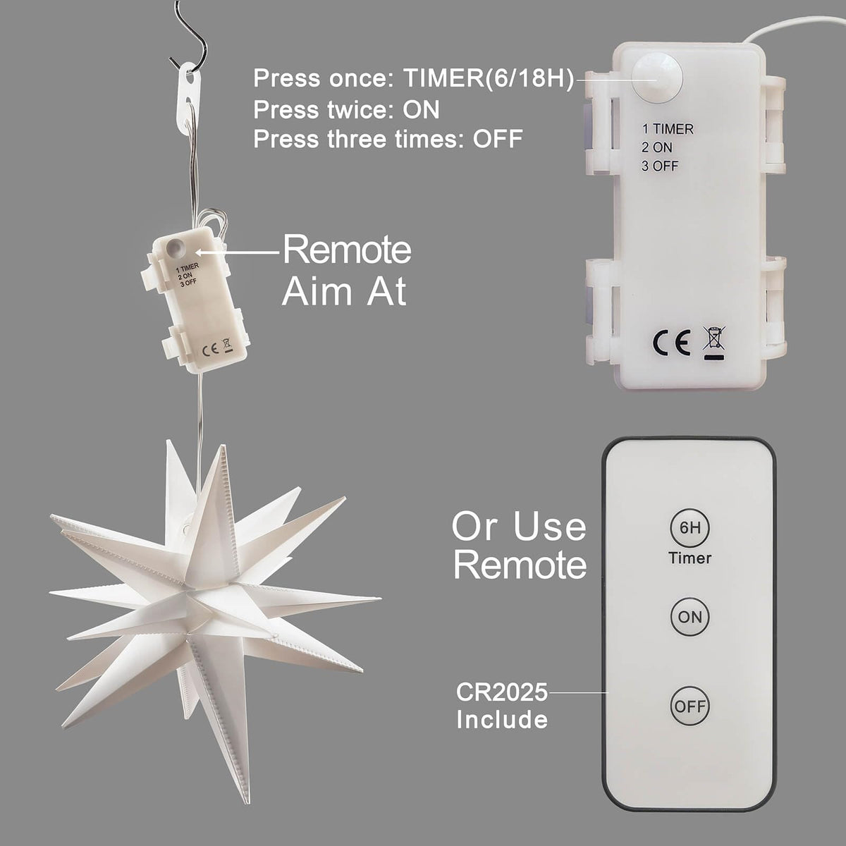 Leejec 9.4" Moravian Star Outdoor Light with Remote Control, Christmas Decorations, Indoor Hanging, Warm White LED Light, Battery Operated with Timer Function, 4-Pack, Tree, Ceiling, Balcony Décor