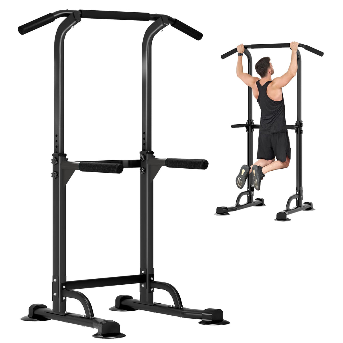 DlandHome Power Tower Pull Up Dip Station Multi-Function Fitness Equipment for Strength Training Adjustable Height Dip Stand for Home Gym, Black