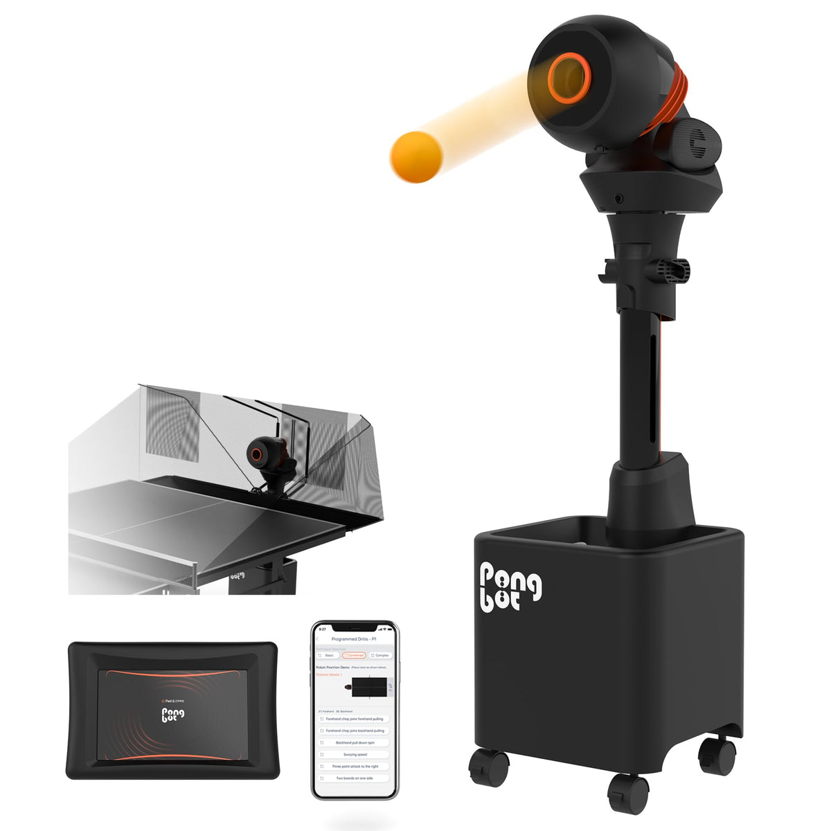 PONGBOT Table Tennis Robot with Net Ping Pong Ball Machine, Remote/APP Control, 576 Pre-saved Trajectories, Automatic Oscillation, Programmable Drills-Frequency/Ball Speed/Rotation/Landing/Hight