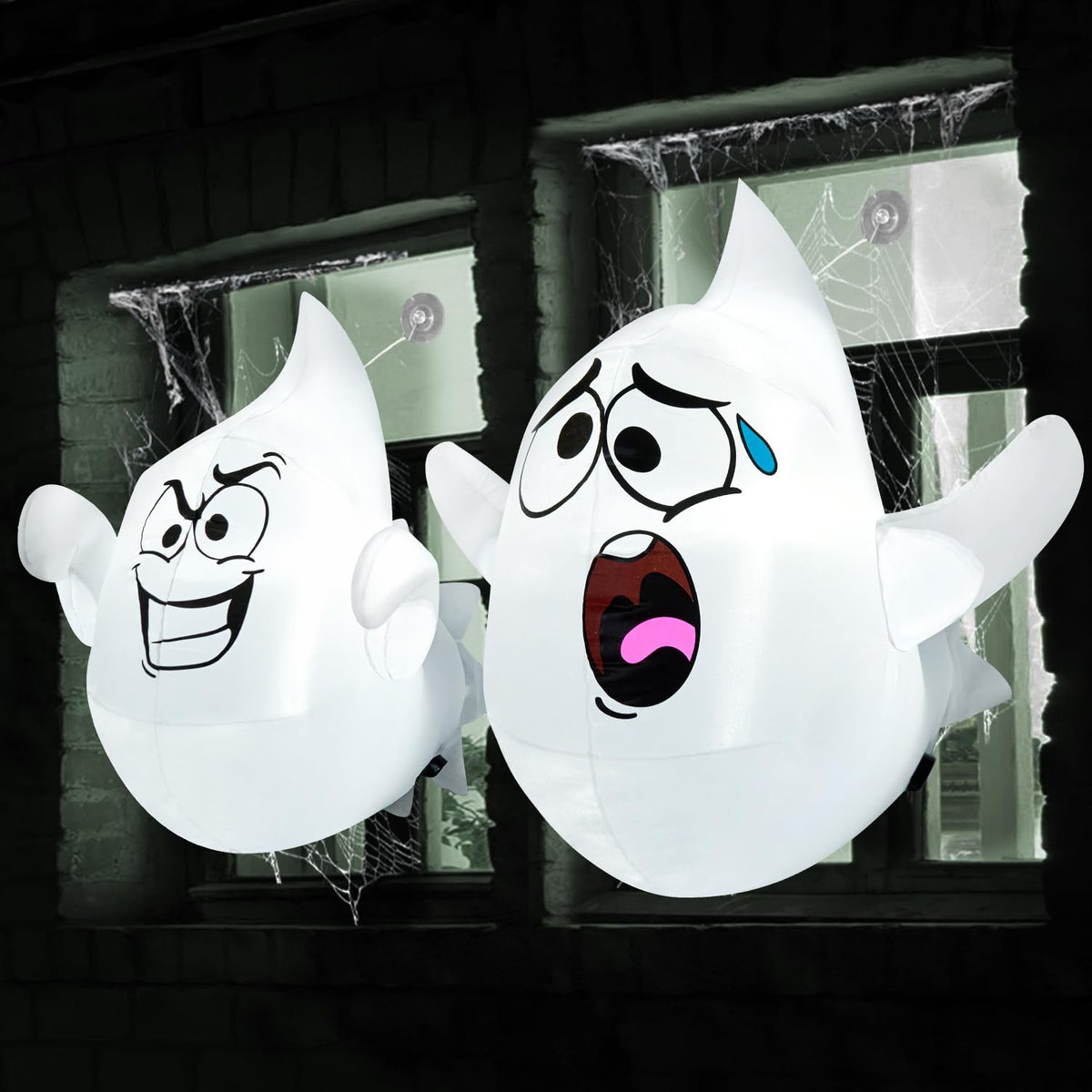 Joiedomi 2 Pcs Halloween Inflatables Outdoor Decorations, Halloween Blow Ups Ghost with Built-in LEDs, Cute Window Inflatable Ghost for Window Decorations