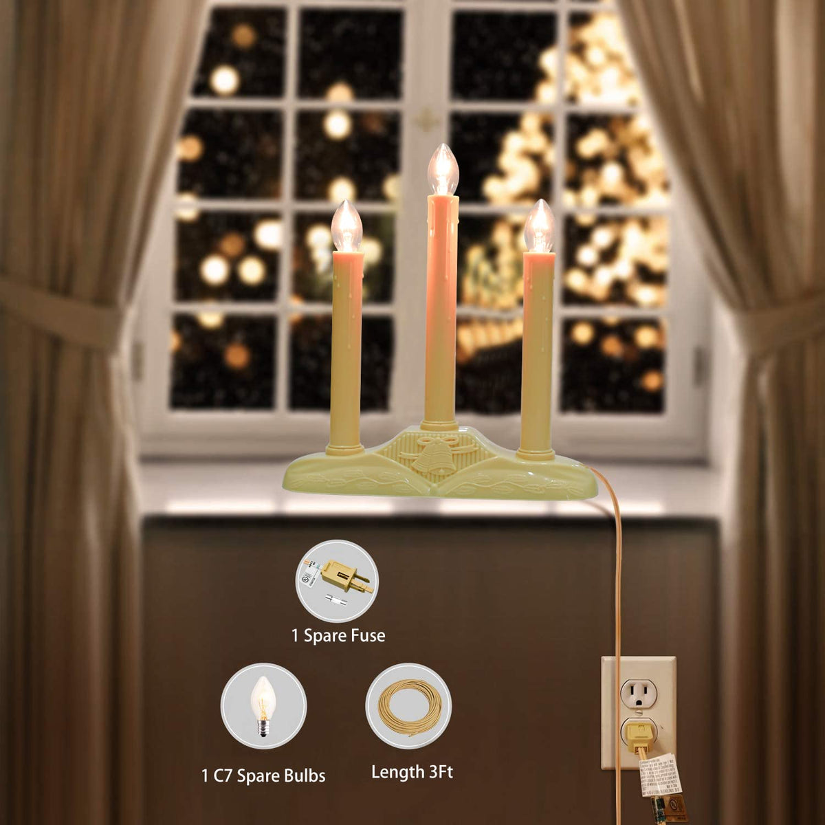 Oviejo 3 Light Christmas Window Candles, Electric Window Candle Lamp Lights Plug in Christmas Candle Lamp with 4 C7 Clear Bulbs (1 Spare Bulbs), Ivory Bases Plug in Candle for Decorations