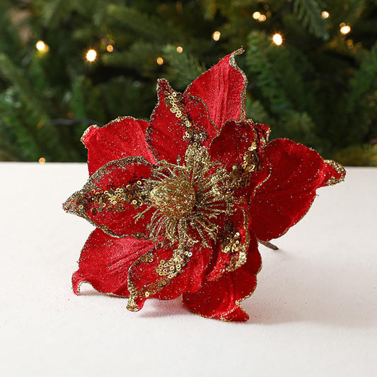 vctops 6 Pcs Poinsettia Artificial Flowers Christmas Tree Ornaments Velvet Glitter Magnolia Flowers for Xmas New Year Party Wedding Holiday DIY Decorations, Red
