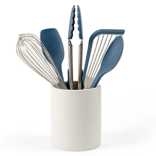 Misen Cream Concrete Utensil Holder - Kitchen Tool Organizer, Large Utensil Container for Countertop, Stainless Steel Holder - Compatible Prep Tool Sets 5 and 10 Piece - 6.25in x 5.5in