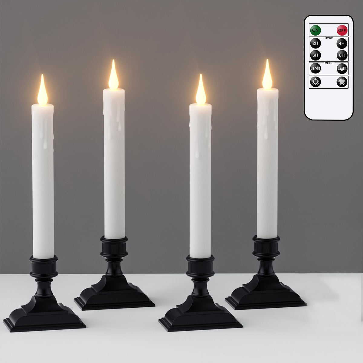 GenSwin Window Candles Battery Operated with Timer, Flameless Taper Candles, Black LED Window Taper Candlesticks Remote, 4 Pack Flameless Candlesticks with Suction Cups for Halloween Christmas Decor