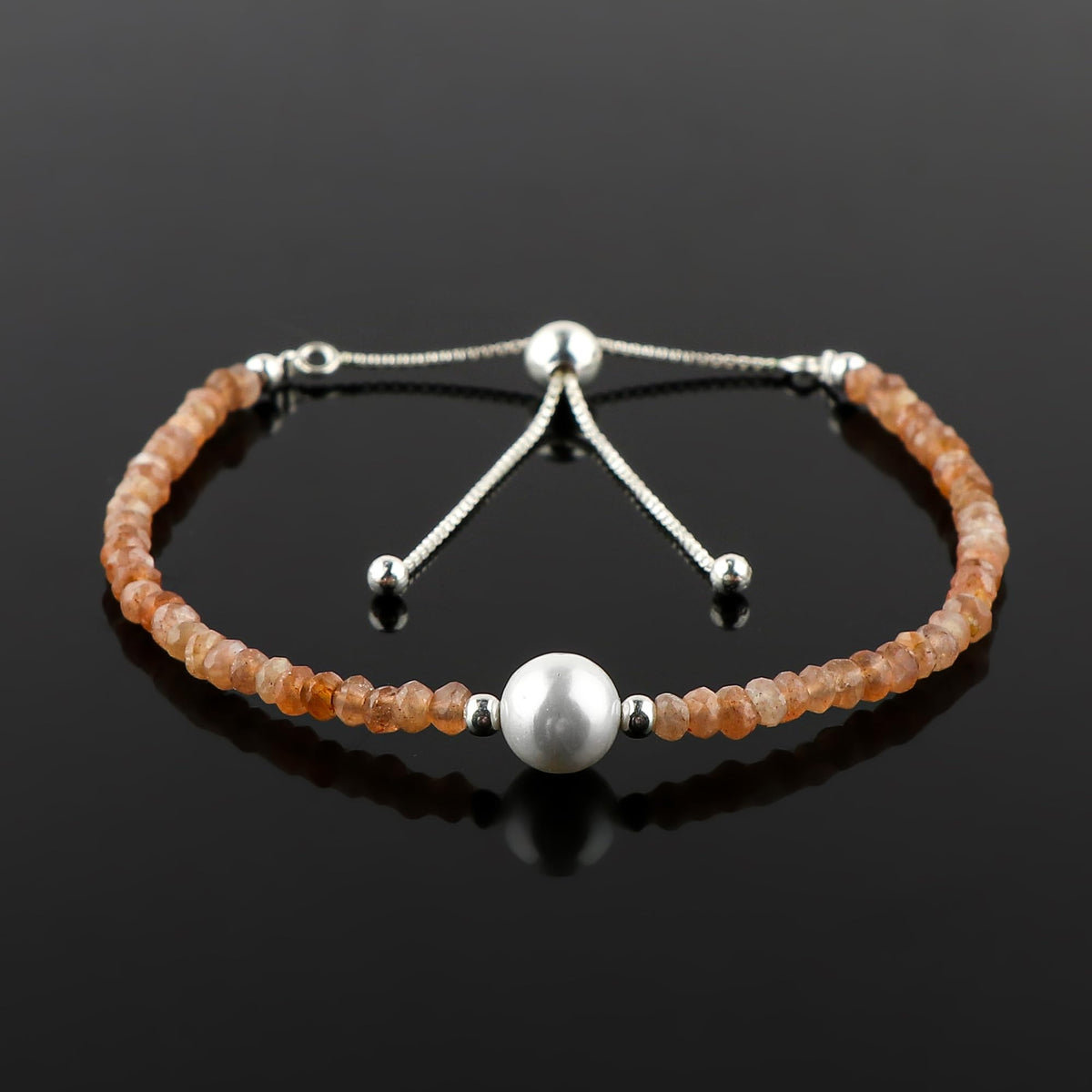 CRYSTALINES Natural Peach Moonstone Gemstone Bolo Bracelet & Pearl, Faceted Beads Stones, Handmade Boho Hypoallergenic Jewelry, Healing Crystals, Silver Chain 6+4inch, June Birthstone Gifts