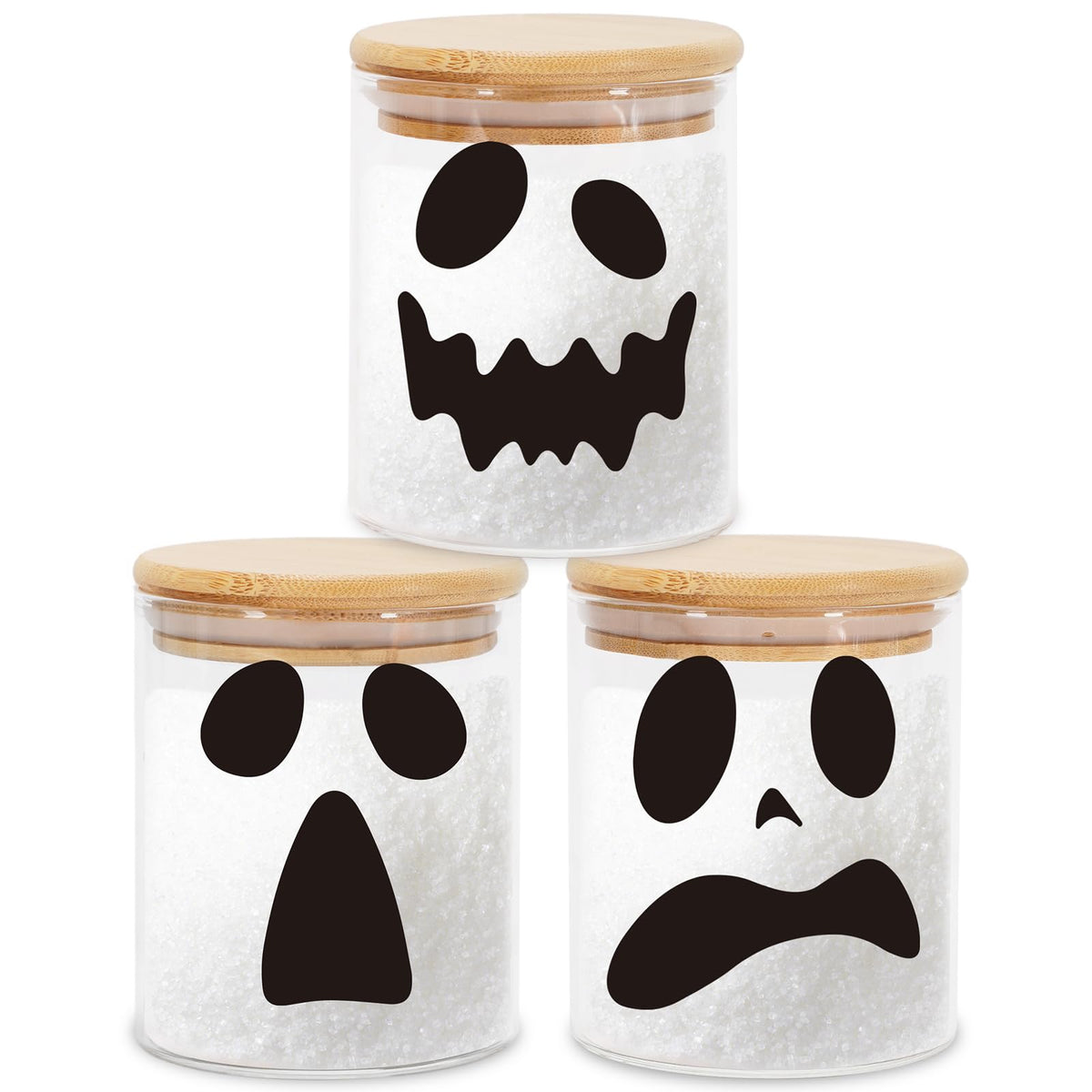 JarThenaAMCS 3Pcs Halloween Glass Storage Jars with Airtight Bamboo Lid Ghost Decorative Clear Food Storage Canisters Sets for Home Kitchen Countertop Decoration