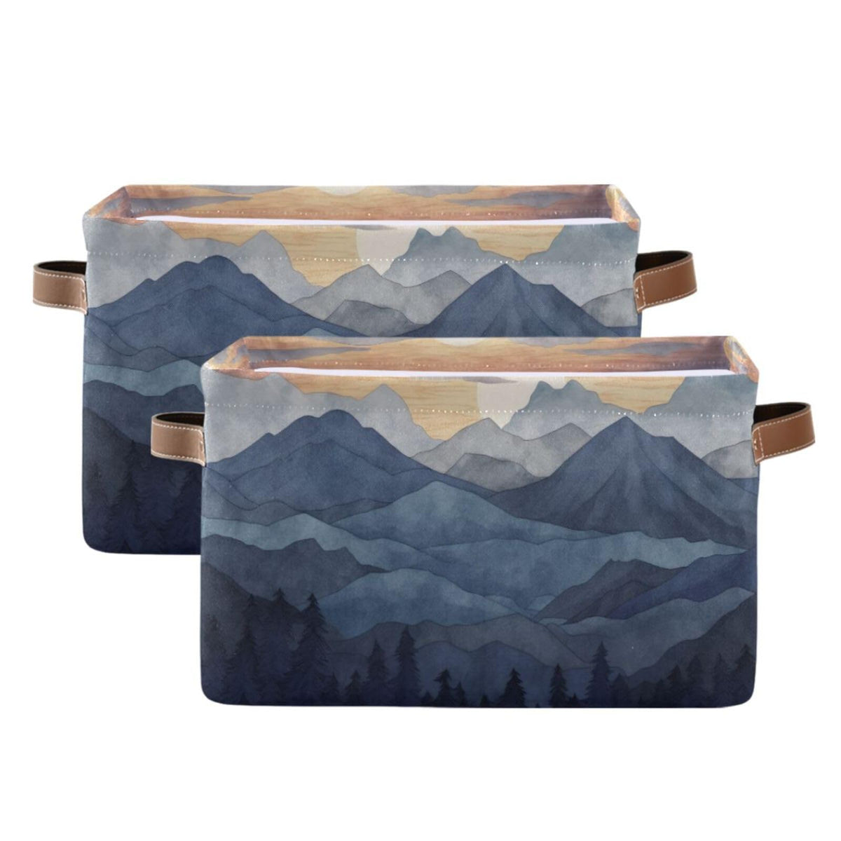 YEGAME Storage Basket Nature Mountain Rectangular Collapsible Canvas Shelves Storage Bins with Leather Handles for Shelves Home Closet Bedroom Living Room, 1Pack