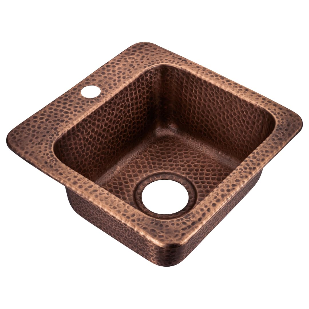 Monarch Abode Kitchen & Bar Sink – 15-inch Baxter Drop in Small Bar Sink, Hand Hammered Pure Copper Sinks with Faucet Hole for Wet Kitchens, Decorative Kitchen Sinks, Single Drop in RV Sinks