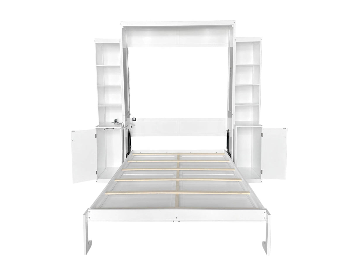 PVWIIK Queen Size Murphy Bed with Desk & Storage Cabinet,Shelf,Wall Bed Frame Folding into Cabinet Design w/Multifunctional Bed Frame for Small Space,Bedroom,Guest Room,White