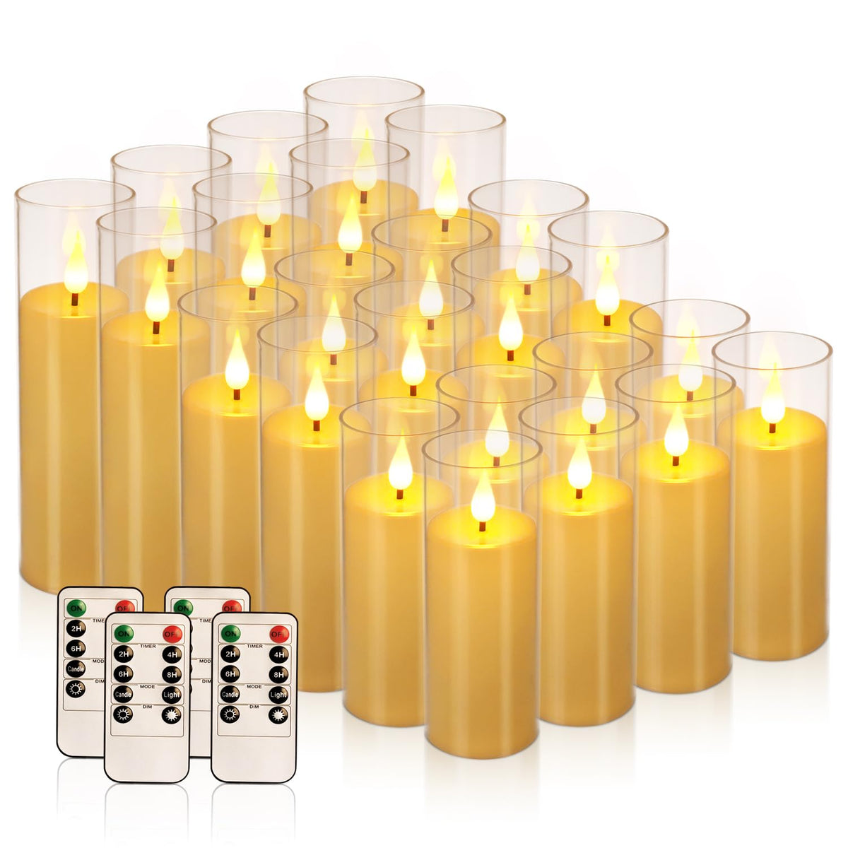 YOROXRG Flickering Flameless Candles Battery Operated with Remote,Led Pillar Candles with Realistic Moving Wick Candles for Halloween,Christmas,Home Decor Pack of 24 (D2.2 xH 5" 6" 7")(Ivory)