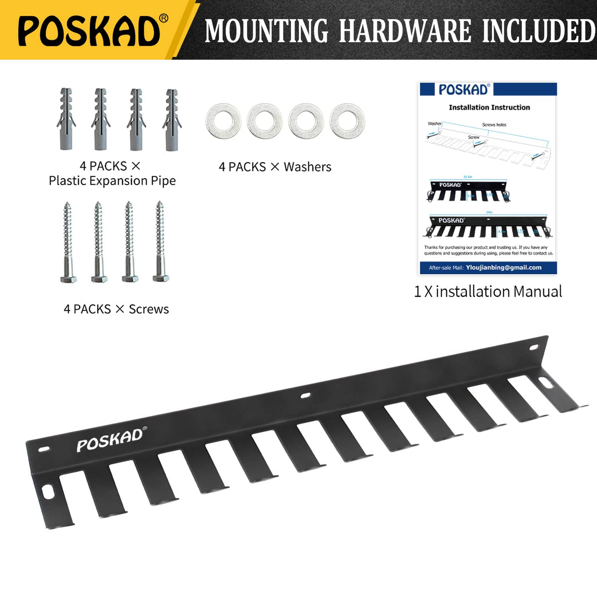 Poskad Gym Storage Rack,12 Hook Heavy-Duty Steel Gym Organizer Wall Mount Hanger for Home and Pro, Gym Accessory Storage Resistance Bands,Jump Ropes,Lifting Belt,Barbells. (24'' -12 hooks)