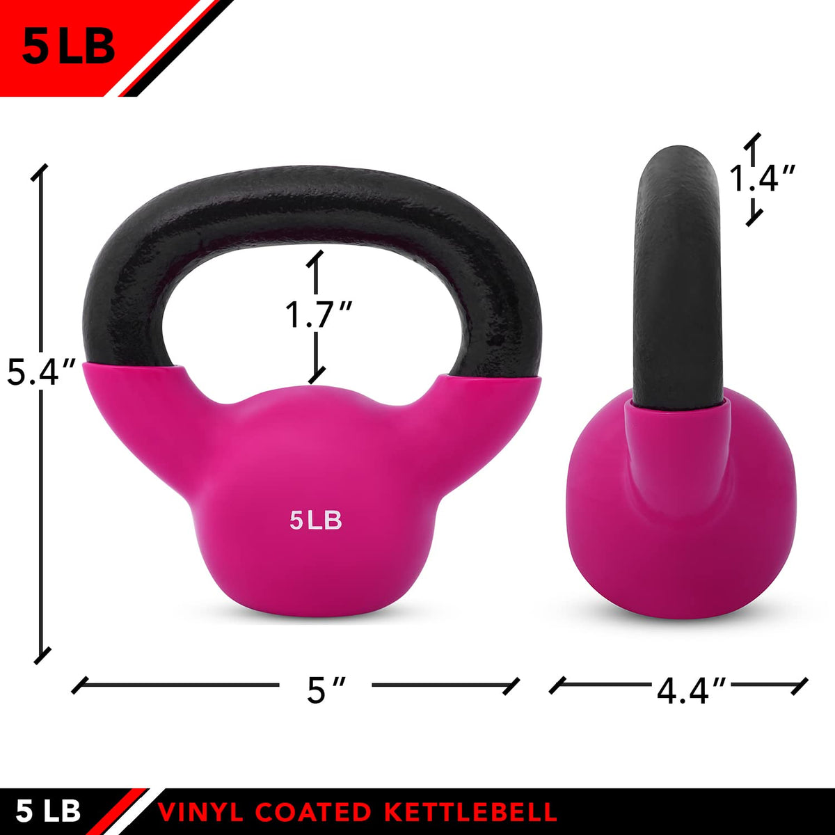 JFIT Vinyl-Coated Cast Iron Kettlebell Weight – Flat Bottom Kettlebell for Strength Training, Cross Training & Home Gym Workouts, 5LB-Hot Pink