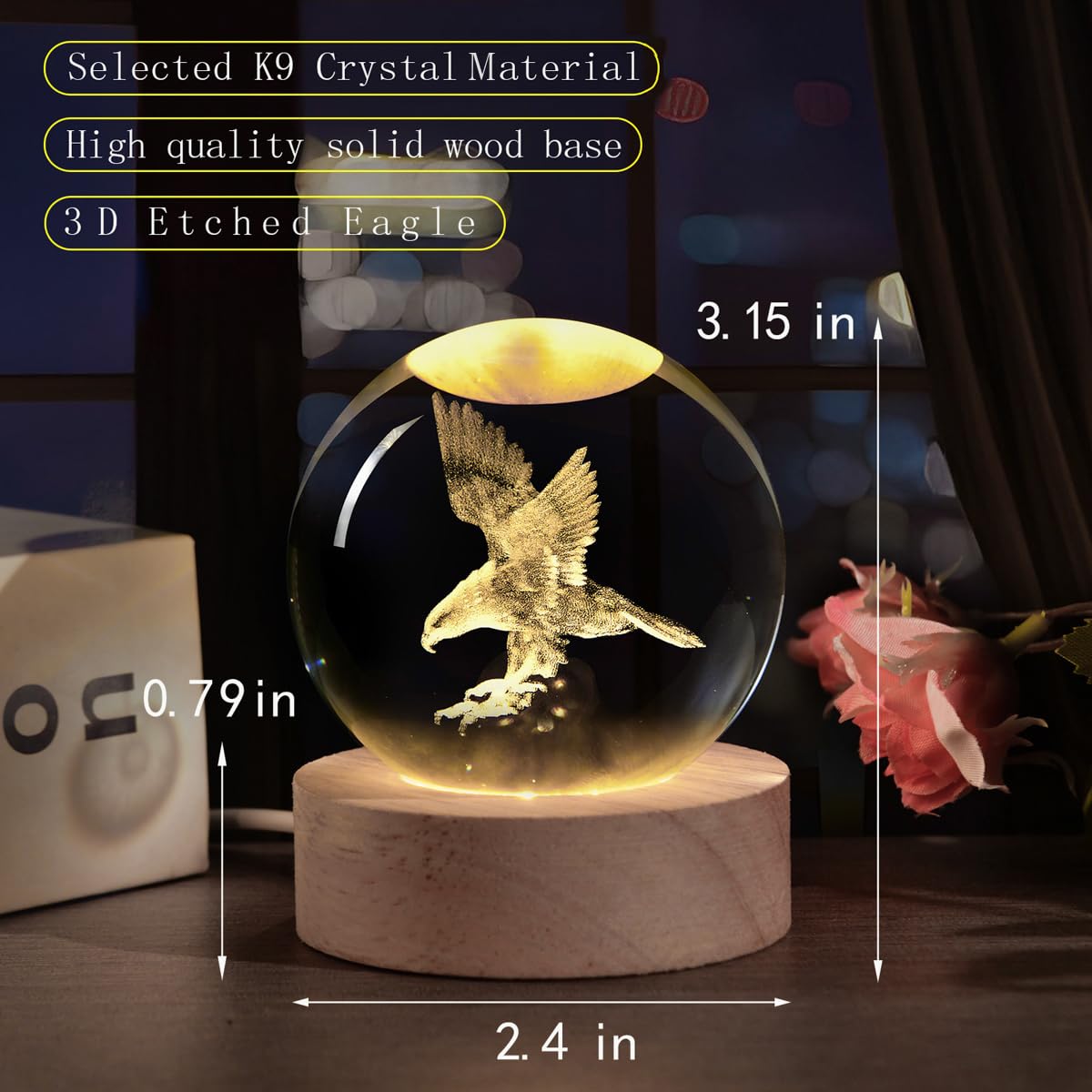 3D Laser Engraved Eagle Crystal Ball, Animal Figurine Decor Glass Sphere Lamp Night Light, Eagle Statue Gifts for Men Women Kids